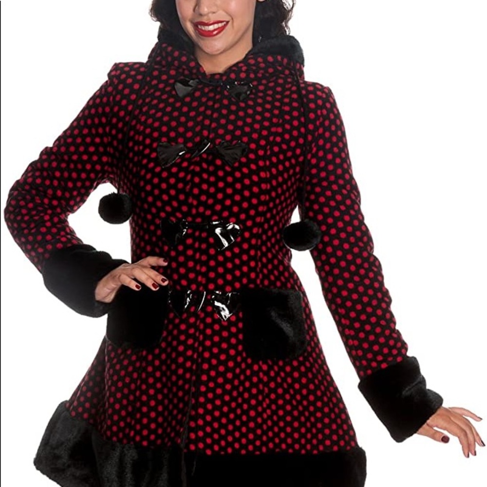 Hell Bunny Polka Dot Toggle Coat w/ faux Fur Trim
